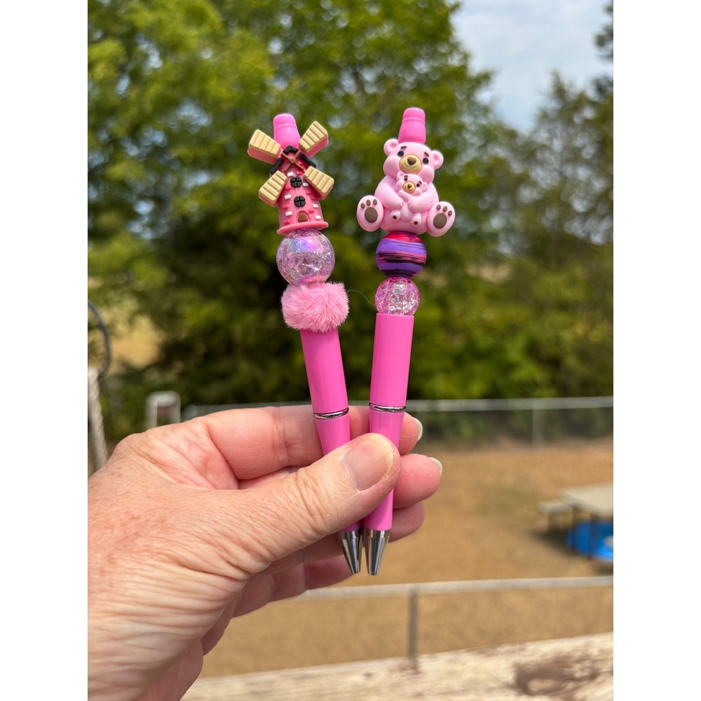 Handmade Beaded Pen and Mirror Set Pink Windmill Bear Butterfly 3 Piece Kit